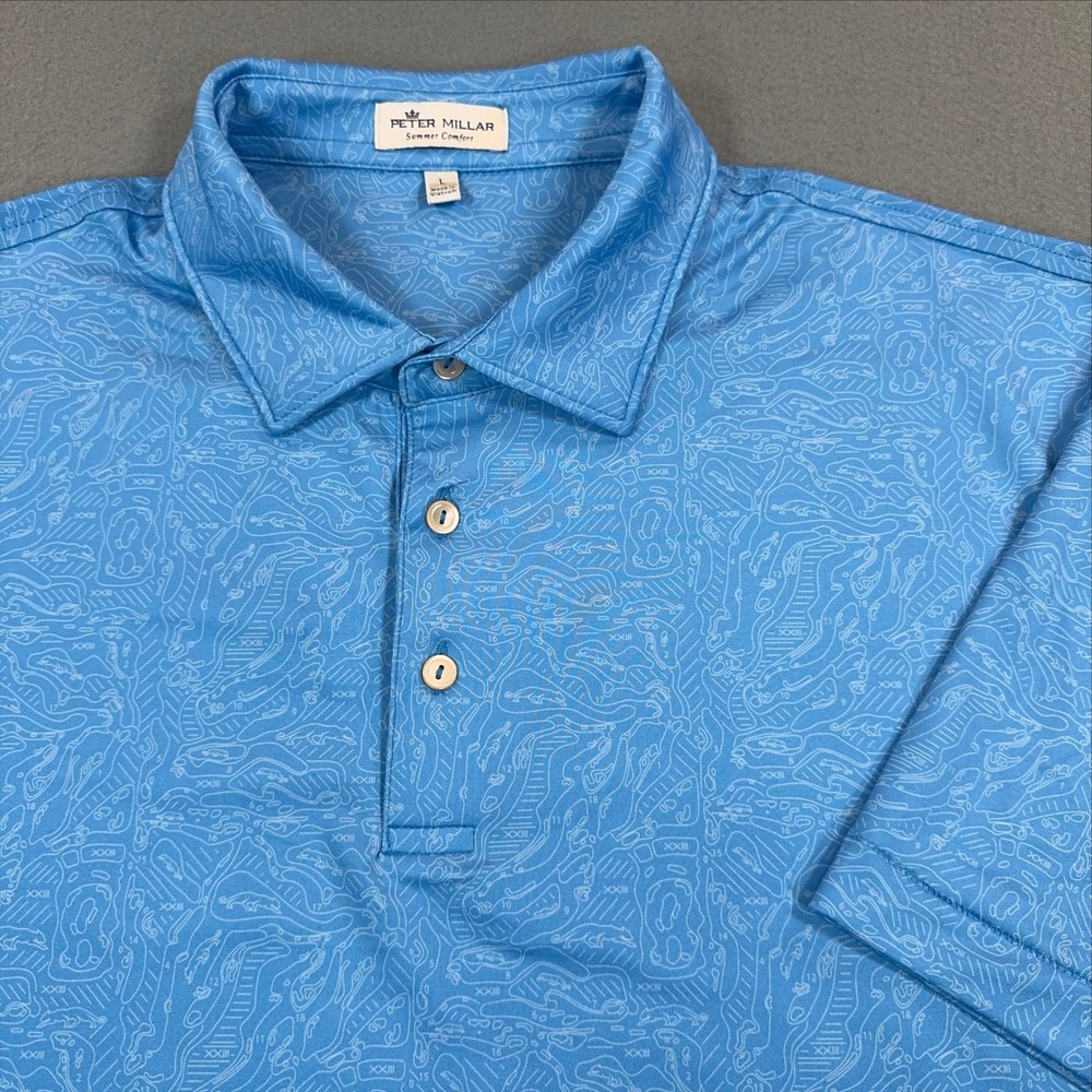 Peter Millar Summer Comfort Blue Topographic Print Golf Polo Shirt Mens Large